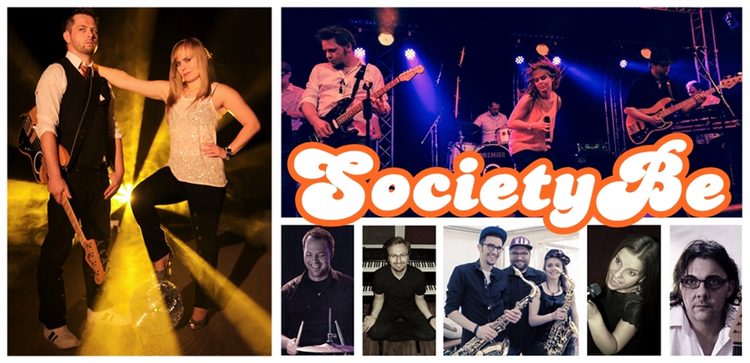 Fotos der Band "SocietyBe" als Collage mit Logo