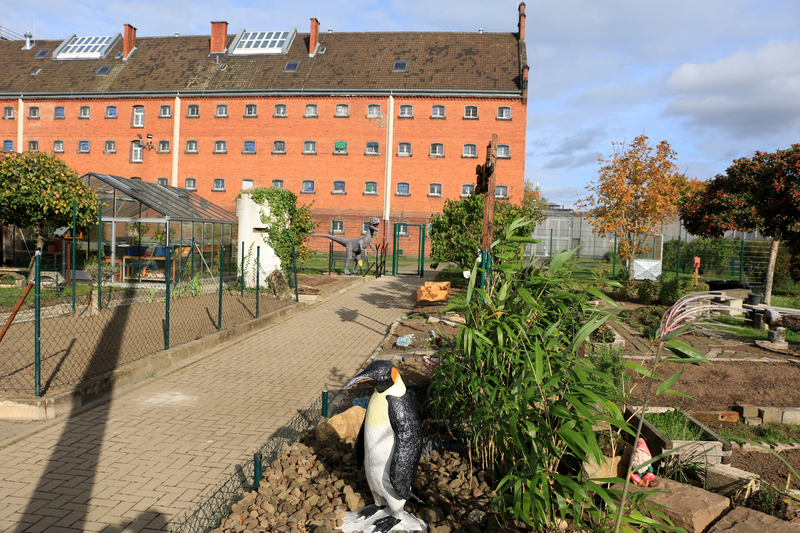 Blick durch den Garten mit mehreren Skulpturen. Im Vordergrund der Pinguin und im Hintergrund der Dinosaurier mit Blick auf Haus 1 der JVA Siegburg.