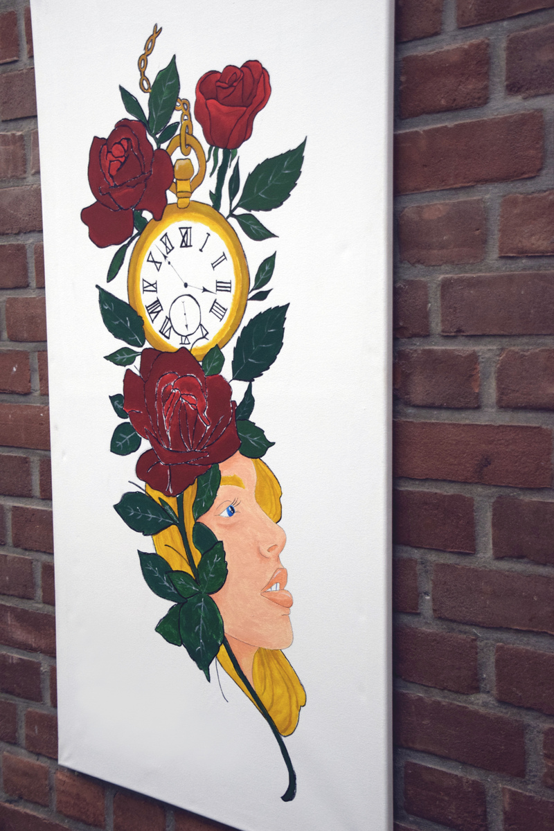 Acrylgemälde Uhr/Rosen/Frau