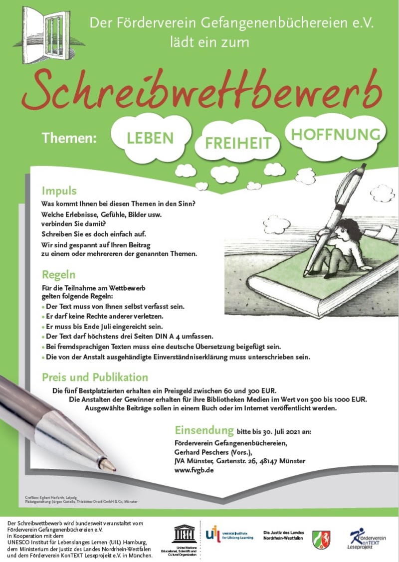 Plakat zum Schreibwettbewerb für Gefangene und Arrestanten 2021