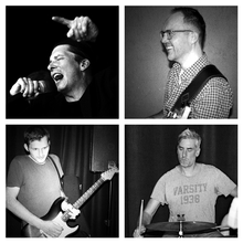 Vier SW Einzelbilder der Bandmitglieder als Collage