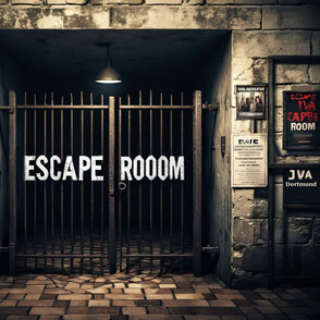 Kellereingang mit Gittertür darauf Beschriftung "Escape-Room"